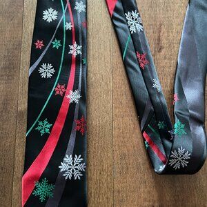 Holiday Traditions Hallmark Men Neck Ties Black Silky Snowflake Christmas - NEW